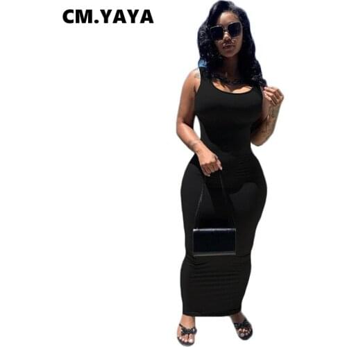 CM.YAYA Women Long Dress Solid Sleeveless O-neck Stretchy Skinny Bodycon Maxi Dresses Fashion Vestidos Casual Outfit Summer 2021