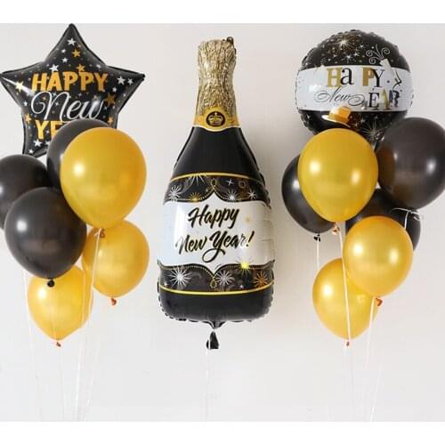 1set Champagne Happy New Year Foil Balloon With Black Gold Balloons Kit For Happy New Year Party Decorations Kids Gifts