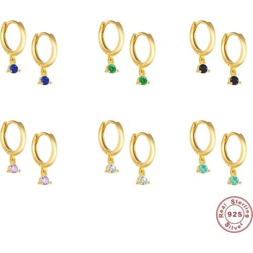 100% Real S925 Sterling Silver Black Green Purple Zircon Drop Earrings for Women Minimalist Huggie Dangle Earring bijoux femme