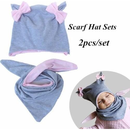 2pcs/set 5 Style Double-layer Winter Cotton Warm Color Matching Butterfly Knot Baby Hat Scarf Set