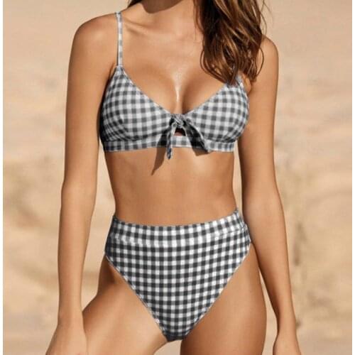 Bow Plaid Bikinis Push Up Bikini 2021 Hot Sale Straps Padded High Waist Swimsuit Retro Swimwear Women Sexy Biquini