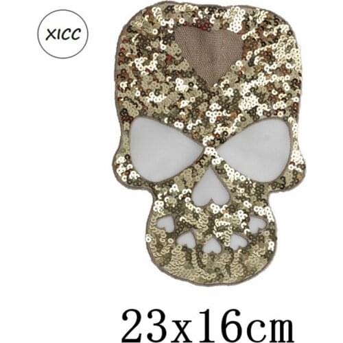 XICC Big Size Custom Sequins Cartoon Skull Reticulation Bling Bling Embroidery Patches For Clothing Accessories Bag Fashion DIY