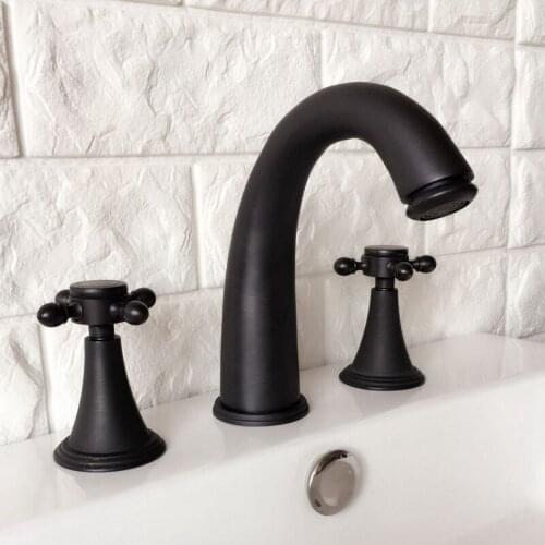 Black Oil Rubbed Bronze Double Handles 3 Holes Install Widespread Deck Mounted Bathroom Sink Basin Faucet Sink Mixer Tap mhg058