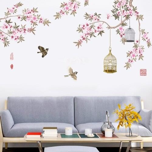 Peach Blossom Tree Wall Stickers Flowers Bird Home Decor Wallpapers Living Room Bedroom DIY Vinyl Wall Decal Poster