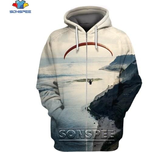 SONSPEE Skydiving 3D Print Men Zip Hoodie Hip Hop Excitement Long Sleeve Sweatshirt Coat Paraglider Glider Mens Pullover Tops