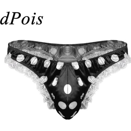 Mens G-string Thong Underwear Male Lingerie Shiny Low Rise High Cut Ruffle Lace Polka Dots Bikini Briefs Men Bulge Pouch Panties
