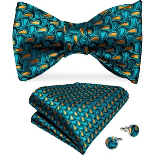 Men Butterfly Tie Teal Blue Paisley Self Bowtie For Men Silk Hanky Cufflink Suit Collar Removable Necktie DiBanGu Design LH-083