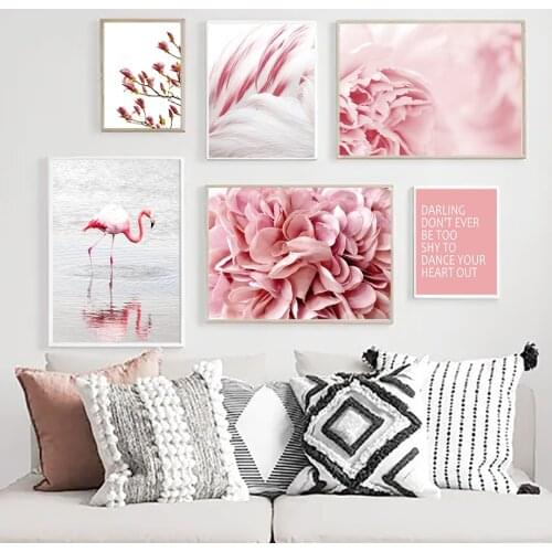 Pink Flower Feather Sea Flamingo Quotes Wall Art Canvas Painting Nordic Posters And Prints Wall Pictures For Living Room Decor