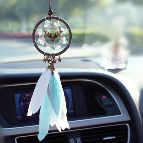 Deer Dream Catcher Handmade Car Interior Rearview Pendant Feather Wind Chimes Charm Car Hanging Decoration 2.8" Diameter