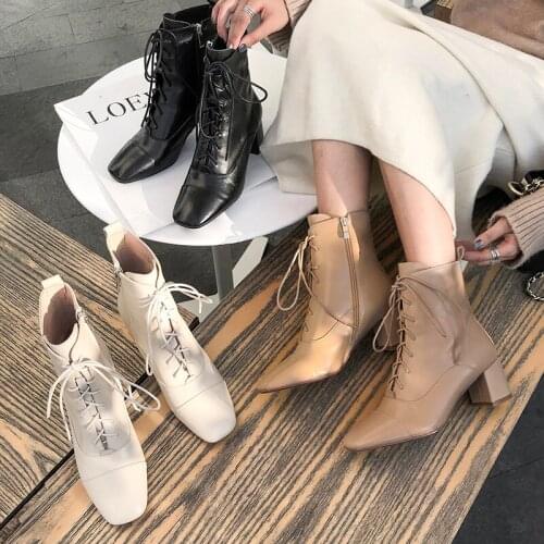 Women Ankle Boots natural leather outdoor booties Cowhide vamp boots + sheepskin insole + pigskin lining Square head plus size