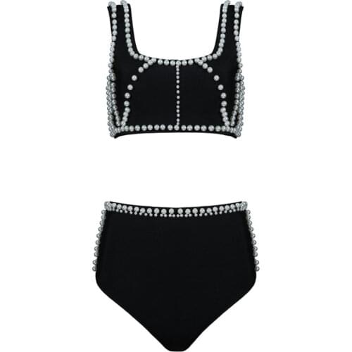 2020 Women Sexy Bodycon Bandage Jumpsuits Sleeveless O Neck Beads Two Piece Sets Elegant Celebrity Beach Party Bodysuits