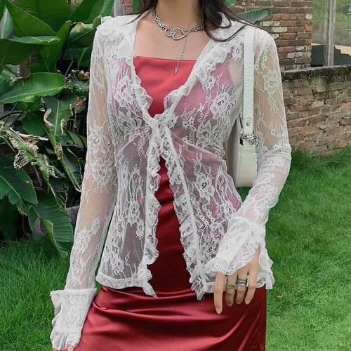 2021 Summer New Women Fashion Long Sleeve V-neck Floral T Shirt See Through Casual Beachwear Cover Ups