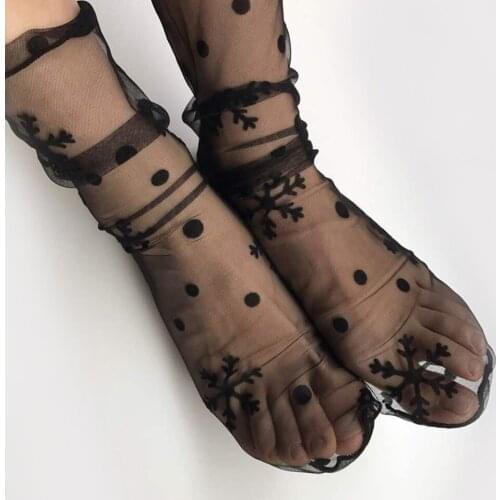 Fishnet Summer Sexy Woman Socks with Print Dot Womens Short Socks Mesh Ruffle Lace Silk Transparent Womens Nylon Socks