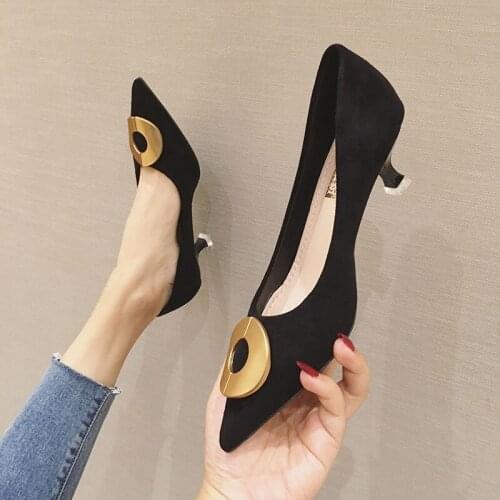 2020 Spring Woman Shoes Pointed Toe High Heels Round Metal Boat Shoes Pointed Toe Dress Shoes Women Office Lady Shoe Black 8003L