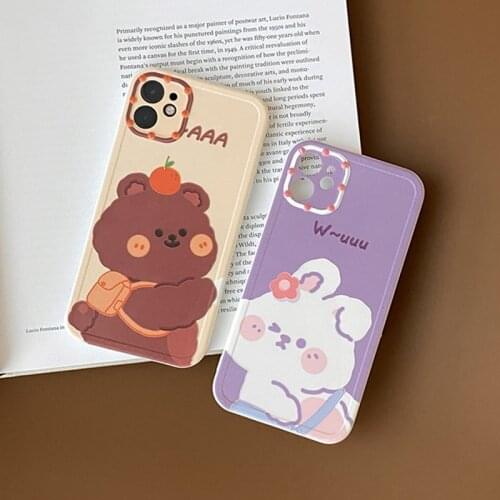 Cartoon Animal Cute Bear Rabbit Phone Case for IPhone 11 12 Mini Pro X XR XS Max 7 8 Plus SE 2020 Soft TPU Couple BFF Back Cover
