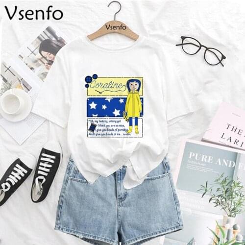 Harajuku Coraline T Shirt Women Girls Cartoon T-shirt 90s Summer Funny Tshirt Korean Style Top Tees Female T-shirt Large Size