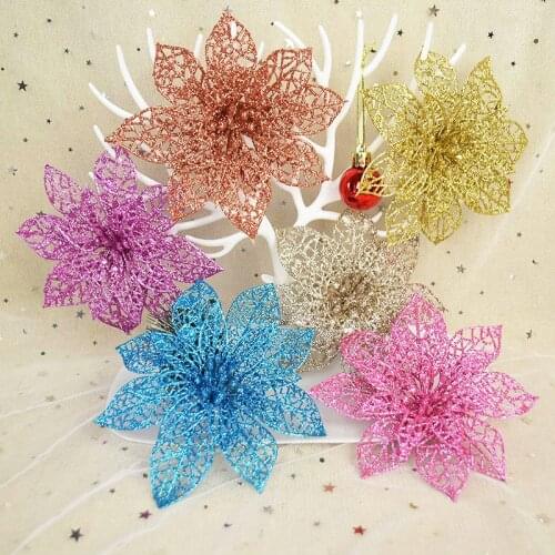 14cm Glittered Faux Flower Rose Gold Red Blue Fake Poinsettia Flower Wedding Christmas Flowers Wreath Garland Decorations