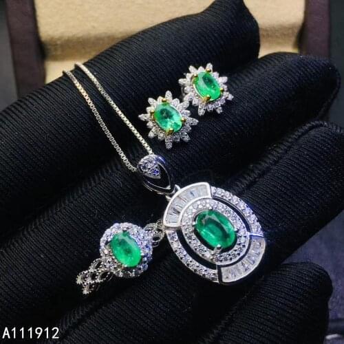 KJJEAXCMY fine jewelry natural Emerald 925 sterling silver women pendant necklace chain earrings ring set support test lovely
