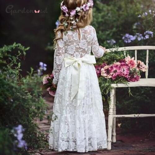 Lace Flower Girl Dresses Illusion Long Sleeves Girl Birthday Dress Elegant White Princess Dressплатья для девушек