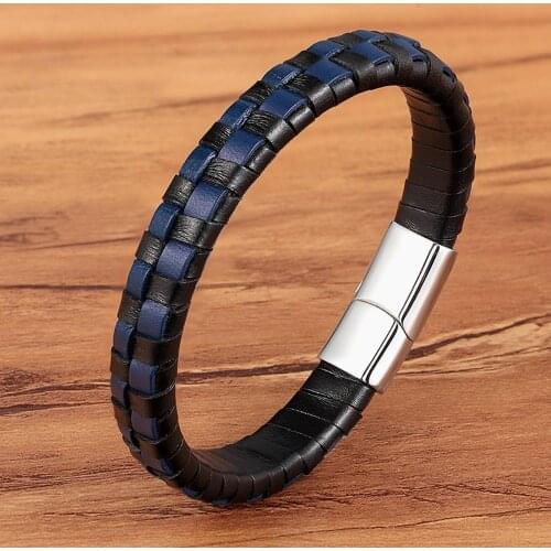 TYO High Polished Stainless Steel Magnet Clasp Blue/Brown/Black Lattice Braided Leather Bracelet Mens Unisex Friendship Gifts