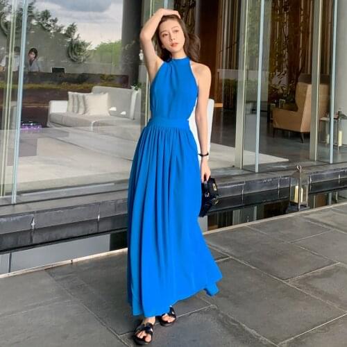 Maxi Blue Women Halter Dress Summer 2020 Elegant Runway Backless Party Night Dress Long Tropical Beach Vacation Dress Koeran New