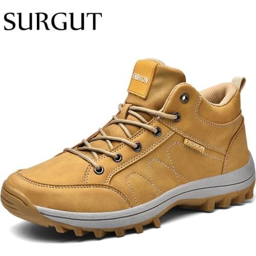 SURGUT Men Boots Autumn Winter Casual Boots Fashion Breathable Men Ankle Boots Lace-Up Leather Work Mens Shoes Plus Size 39~48