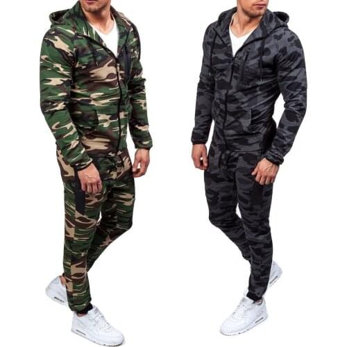 Mens Hooded Sweatshirt Suits Long Sleeve Camouflage Zipper Cardigan Hoodies with Trousers Casual Tops with Pants