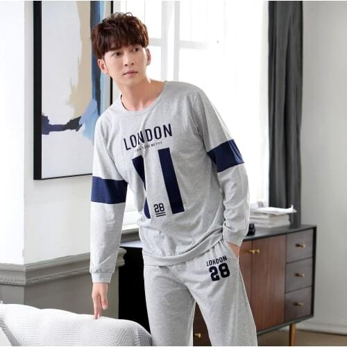 New Arrival Sleepwear For Men Casual Moisture Wicking Print Letter Pjs Boys Long Sleeve Cotton Round Neck Sleep Shirt