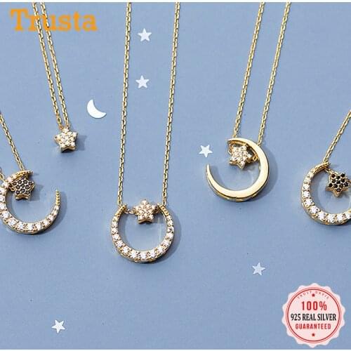 Trusta 925 Sterling Silver Necklace Jewelry Moon&Star 925 Pendant Statement Necklace Love Gift For Women Girl Friend DS1345