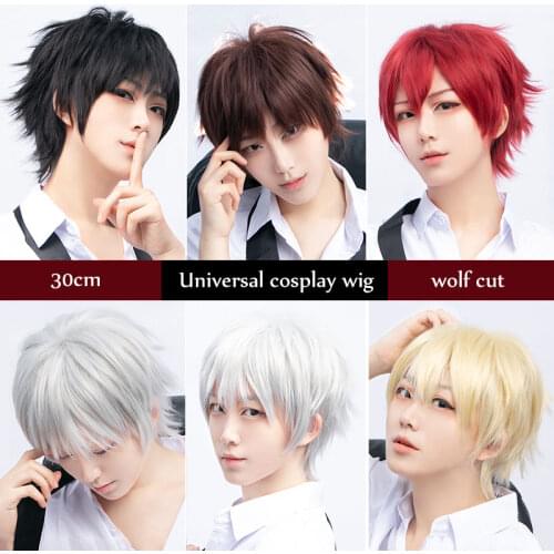 Synthetic Short Wigs Wolf cut with Bangs Choppy Cosplay Party Wig for men women Pink Red Blue Purple Korean Man wig 48 Color