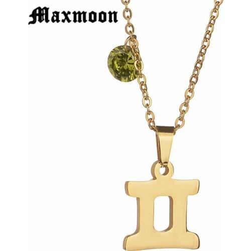 Maxmoon Gemini The Twins Zodiac Pendant Necklace Stainless Steel Zodiac Symbol Jewelry