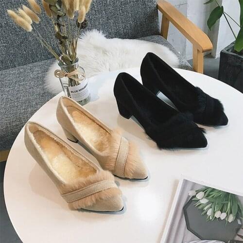 LCIZRONG Add Plush Women Pumps Fashion Faux Fur Warm Winter 5.5CM High Heels Female Thick Heel Pumps for Woman