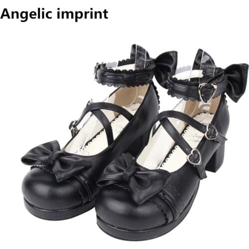 Angelic imprint woman mori girl lolita cosplay shoes lady mid thin heels pumps women princess dress shoes lacework bowtie 33-47