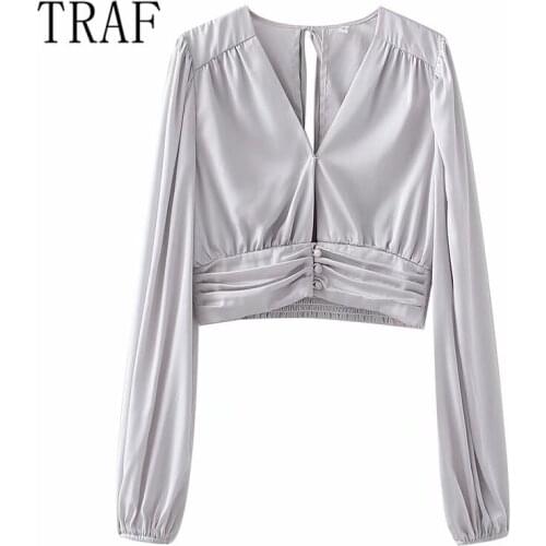 TRAF womens fashion simple solid V-neck short shirt long sleeve top simple versatile retro short