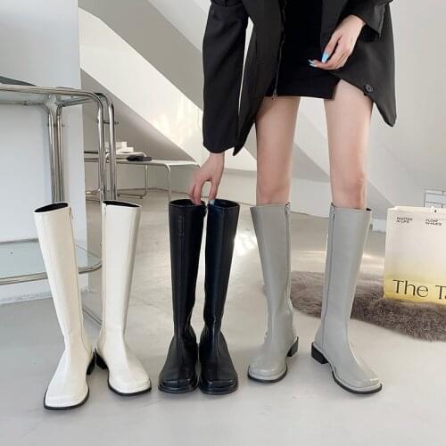 Women Square Toe Knee High Boots 2021 Autumn Winter Woman Zipper Mid Heels Ladies Cool Punk Shoes Female Casual Footwear New