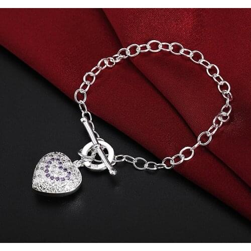 Fine crystal heart pendant chain fashion 925 sterling silver Bracelet for woman Luxury jewelry Wedding party Holiday gift