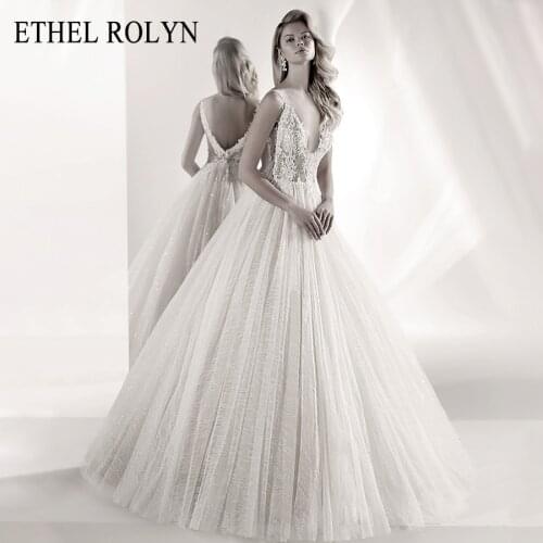 ETHEL ROLYN A Line Lace Wedding Dresses 2021 Vestido De Noiva V-neck Luxury sparkling Beaded Sleeveless Backless Bridal Gowns