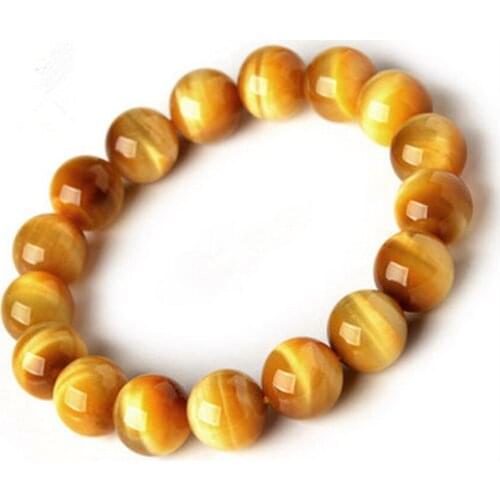 2018 Genuine Natural Gold Yellow Tigers Eye Gem Stone Round Bead Stretch Bracelet 12mm Drop Shipping Fashiong Crystal Bracrlet