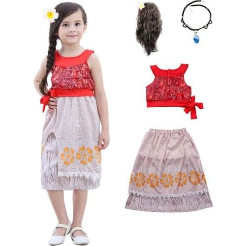 2021 Halloween Girls Moana Printed Dress Cosplay Princess Dress Costume Kids Vaiana Party Christmas Dress with Necklace Wig