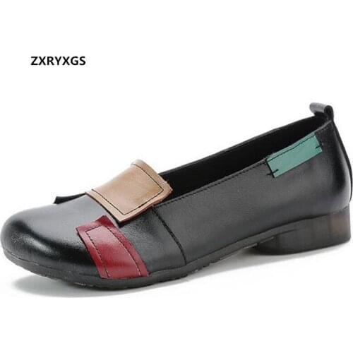 2021 New Spring Spell Colors Splicing Genuine Leather Shoes Casual Soft Sole Women Flat Shoes Fashionable Comfortable Shoes