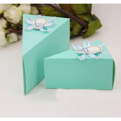 60pcs Kid / Milk Bottle Triangular Cake Style Tiffany Blue Baby Shower Party Candy Boxes Chocolate Boxes Gift Box Bomboniera