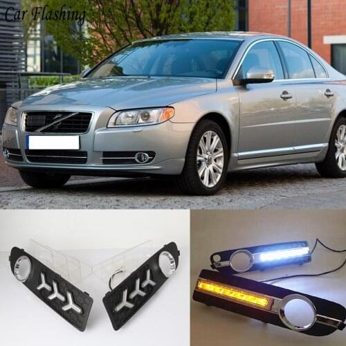 Car Flashing DRL For Volvo S80 2009 2010 2011 2012 2013 LED daytime running light DRL Fog lamp cover with yellow turn signals