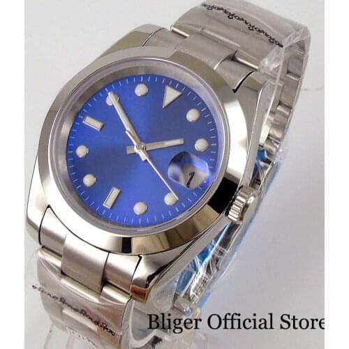 BLIGER Sterile Sunburst Blue Polished Mechanical Men Watch 24 Jewels NH35A MIYOTA 8215 Oyster Brushed Bracelet Luminous Hand