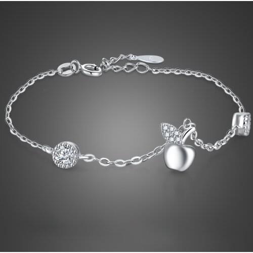 Fashion Cute 100% 925 Sterling Silver Solid Apple Pendant Bracelets For Women Cubic Zircon Chain & Link Bangles Jewelry Gift