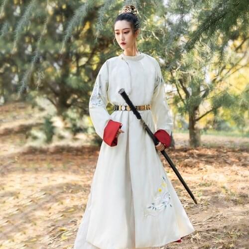 Men Women Ancient Chinese National Costumes Round Neck Robe Double-Side Hanfu Festival Stage Performance Folk Dance Dress SL4173