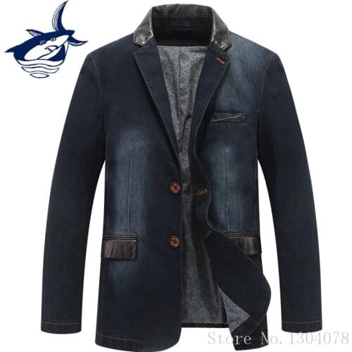 Puls Size 4XL Spring Autumn Homens Blazer Jacket Men Brand Tace & Shark Leather Spliced Denim Blazer Masculino Jeans Suit Coat