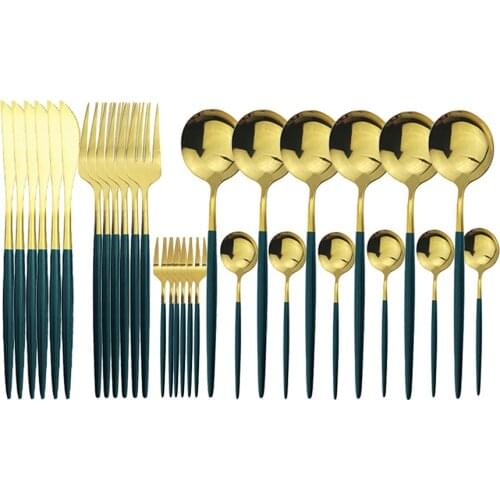 30pcs Green Gold Tableware Set Knife Fork Spoon Flatware Set Stainless Steel Dinnerware Set Kitchen Cutlery Set Salad Cake Fork