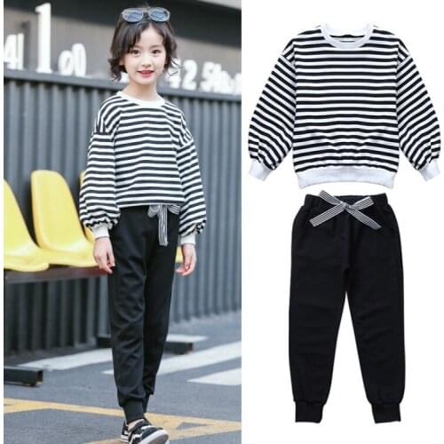 3-8y Fashion Teenage Girl Clothing Set Girl Suits Kid Casual Sports Outfits Striped Sweatshirt Pants Cotton children clothes set