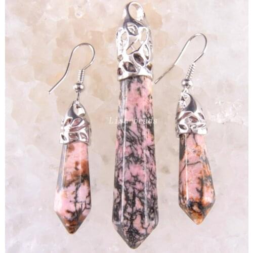 Hexagonal Column Beads Pendant Earrings Natural Stone Pink Rhodonite Necklace Pendant Earrings Jewelry Set For Women Gift K1663
