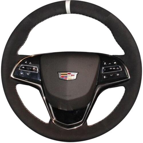 All Black Suede Leather White Stitching Steering Wheel Hand-stitch on Wrap Cover For Cadillac ATS 2013-2015 /CTS 2014-2016